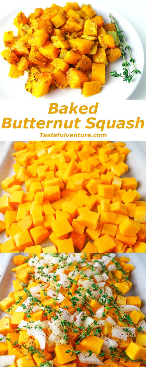 Baked Butternut Squash, a simple healthy side dish. You can make this ahead of time and then add to a crockpot on low heat for a crowd pleasing favorite! | Tastefulventure.com