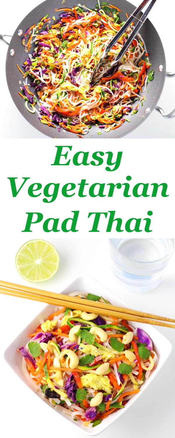 Easy Vegetarian Pad Thai that can be made in less than 30 minutes (including prep), and is way better than take-out! 