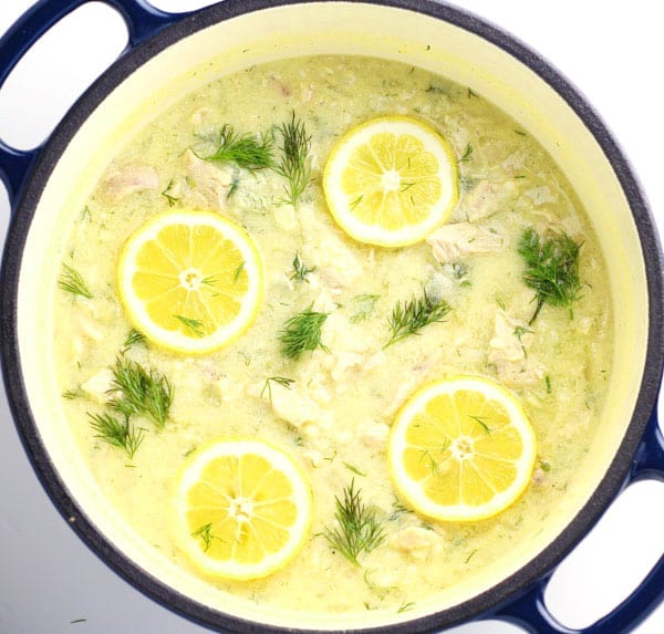Greek Lemon Rice and Chicken Soup in a dutch oven