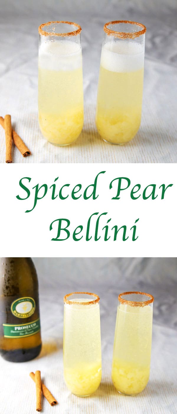 This Spiced Pear Bellini is so light, refreshing, and festive! This is a super easy cocktail to make and is so versatile. You could have this for Brunch, with Appetizers, or even Dessert! #bellini #prosecco #cocktails #cocktail #entertaining #brunch #drinks