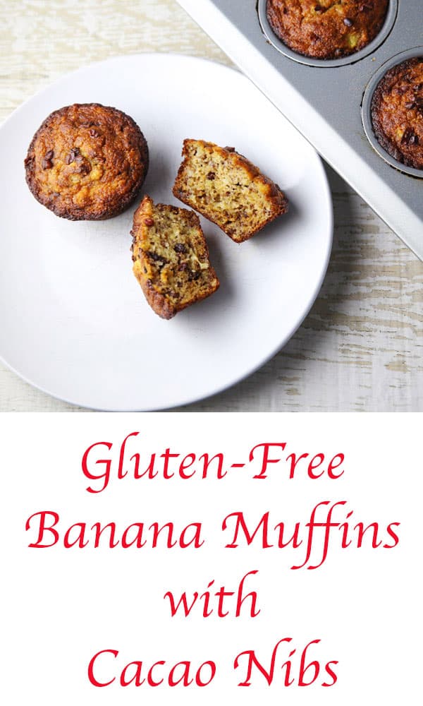 These Gluten-Free Banana Muffins with Cacao Nibs are so moist and delicious! These are perfect for breakfast meal prepping! #glutenfree #bananamuffins #muffins #breakfast