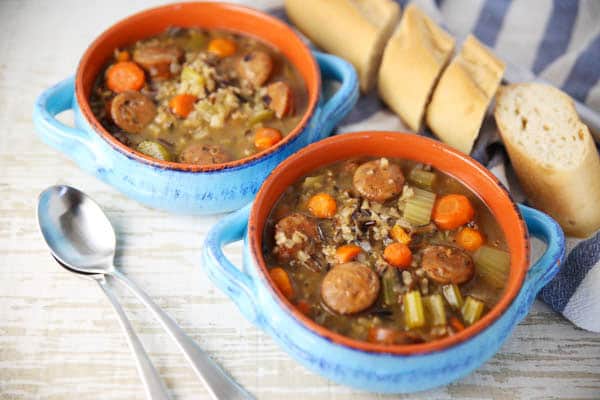 Italian Sausage and Wild Rice Soup with baguette