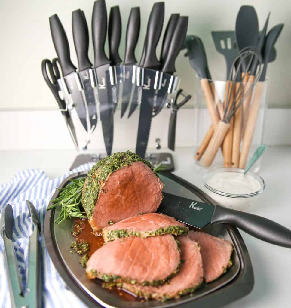 Herb crusted roast beef with knife set